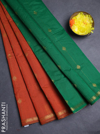 Semi maheswari cotton saree rust shade and green with allover zari weaves & buttas and small zari woven border