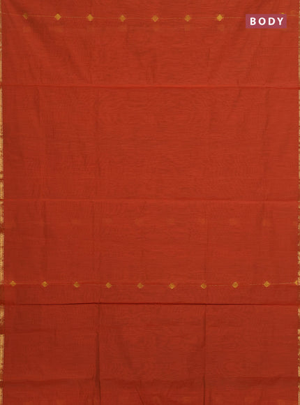 Semi maheswari cotton saree rust shade and green with allover zari weaves & buttas and small zari woven border