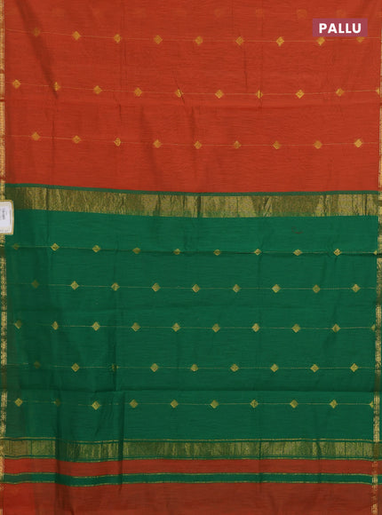 Semi maheswari cotton saree rust shade and green with allover zari weaves & buttas and small zari woven border