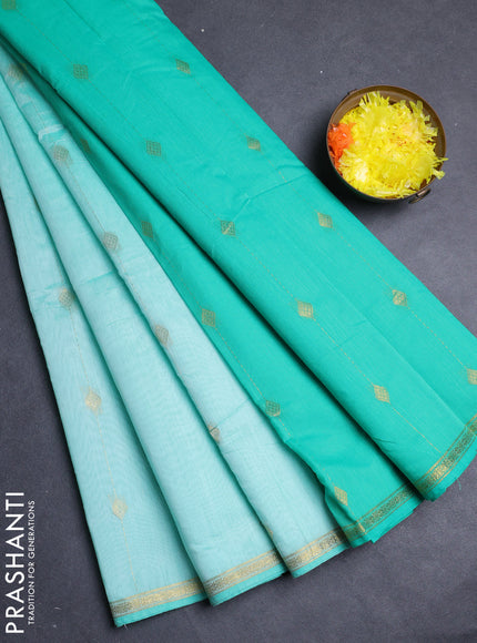 Semi maheswari cotton saree teal green and green with allover zari weaves & buttas and small zari woven border