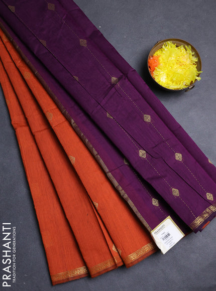 Semi maheswari cotton saree orange and purple with allover zari weaves & buttas and small zari woven border