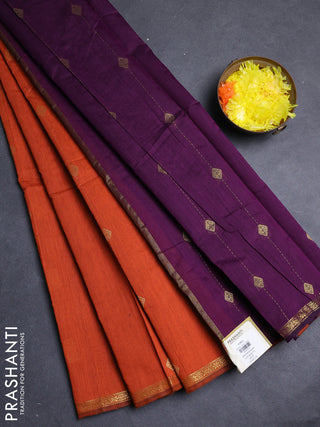 Semi maheswari cotton saree orange and purple with allover zari weaves & buttas and small zari woven border