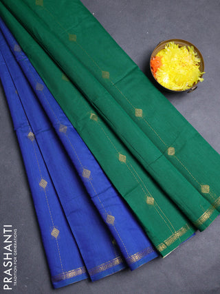 Semi maheswari cotton saree blue and green with allover zari weaves & buttas and small zari woven border