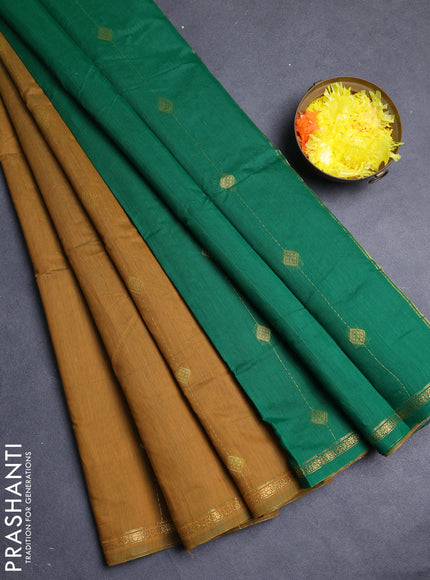 Semi maheswari cotton saree mustard green and green with allover zari weaves & buttas and small zari woven border
