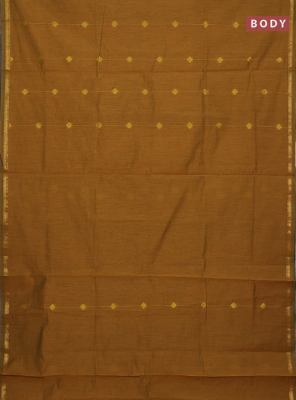 Semi maheswari cotton saree mustard green and green with allover zari weaves & buttas and small zari woven border