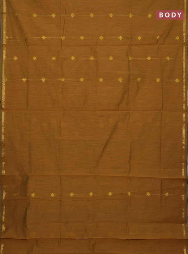 Semi maheswari cotton saree mustard green and green with allover zari weaves & buttas and small zari woven border