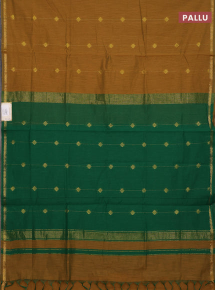 Semi maheswari cotton saree mustard green and green with allover zari weaves & buttas and small zari woven border