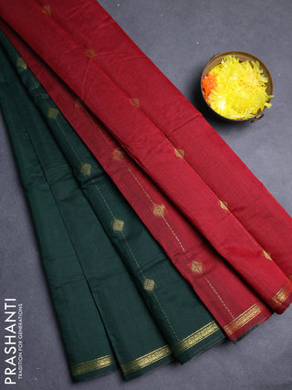 Semi maheswari cotton saree bottle green and maroon with allover zari weaves & buttas and small zari woven border