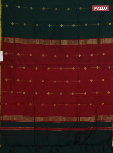 Semi maheswari cotton saree bottle green and maroon with allover zari weaves & buttas and small zari woven border