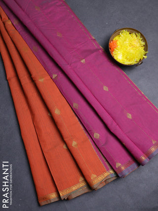 Semi maheswari cotton saree orange and pink with allover zari weaves & buttas and small zari woven border