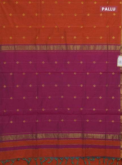 Semi maheswari cotton saree orange and pink with allover zari weaves & buttas and small zari woven border