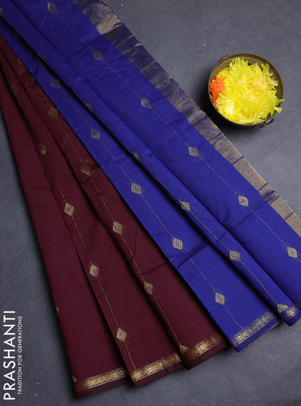 Semi maheswari cotton saree deep maroon and blue with allover zari weaves & buttas and small zari woven border