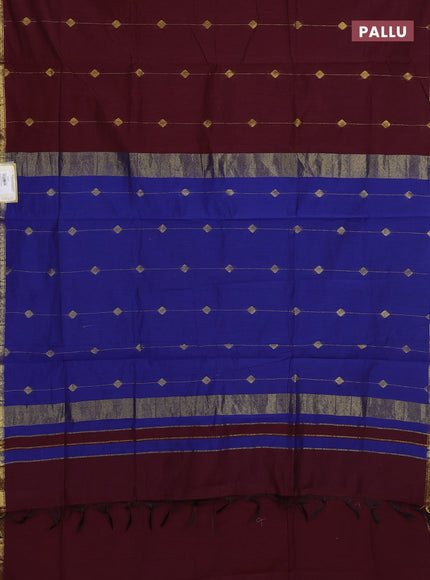 Semi maheswari cotton saree deep maroon and blue with allover zari weaves & buttas and small zari woven border