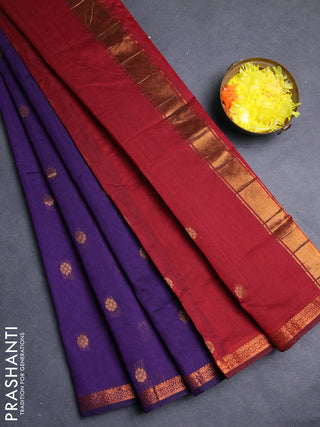 Semi maheswari cotton saree violet and deep maroon with allover copper zari woven buttas and small copper zari woven border