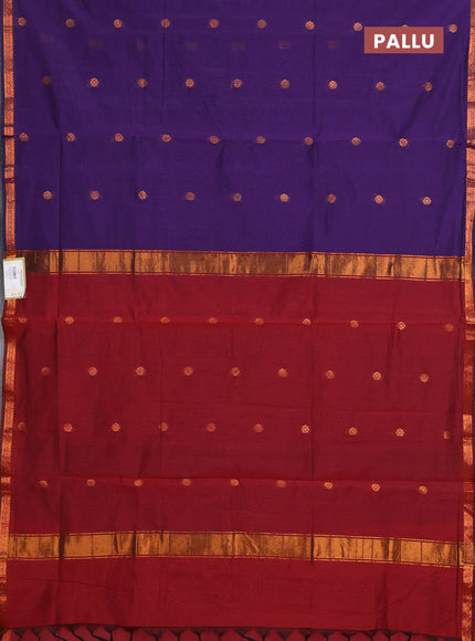 Semi maheswari cotton saree violet and deep maroon with allover copper zari woven buttas and small copper zari woven border