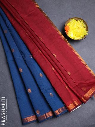 Semi maheswari cotton saree peacock blue and deep maroon with allover copper zari woven buttas and small copper zari woven border