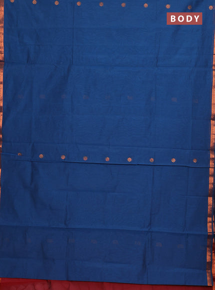 Semi maheswari cotton saree peacock blue and deep maroon with allover copper zari woven buttas and small copper zari woven border
