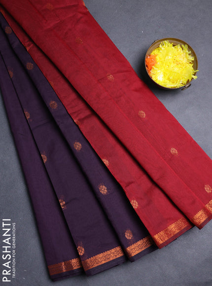 Semi maheswari cotton saree deep wine shade and deep maroon with allover copper zari woven buttas and small copper zari woven border