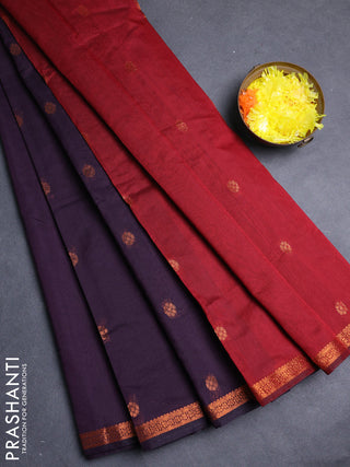 Semi maheswari cotton saree deep wine shade and deep maroon with allover copper zari woven buttas and small copper zari woven border