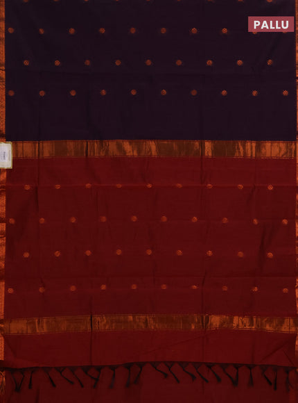 Semi maheswari cotton saree deep wine shade and deep maroon with allover copper zari woven buttas and small copper zari woven border