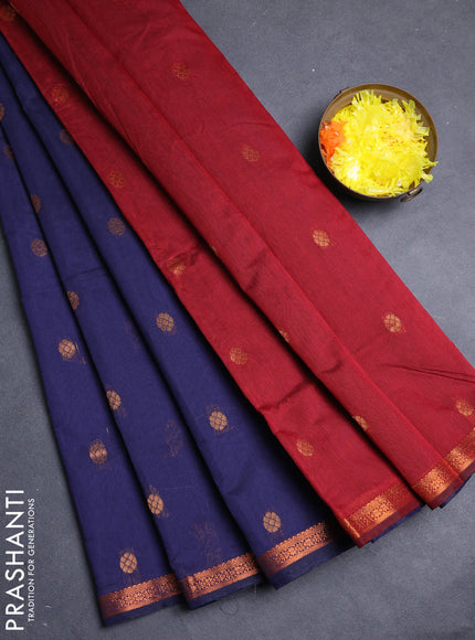 Semi maheswari cotton saree navy blue and deep maroon with allover copper zari woven buttas and small copper zari woven border