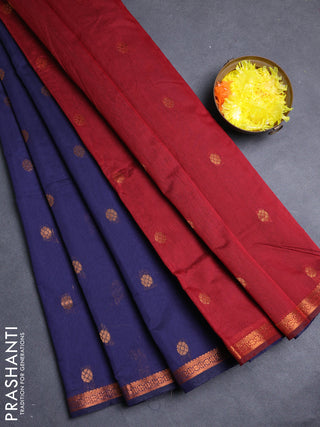Semi maheswari cotton saree navy blue and deep maroon with allover copper zari woven buttas and small copper zari woven border