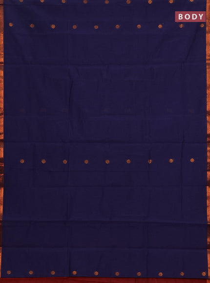 Semi maheswari cotton saree navy blue and deep maroon with allover copper zari woven buttas and small copper zari woven border