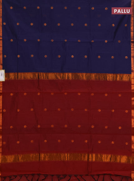 Semi maheswari cotton saree navy blue and deep maroon with allover copper zari woven buttas and small copper zari woven border