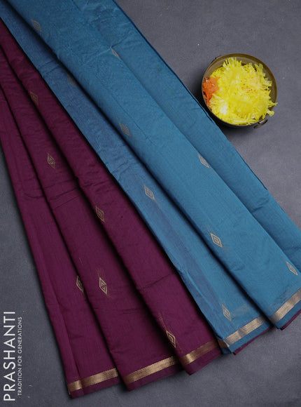 Semi maheswari cotton saree deep purple and blue with allover zari woven buttas and small zari woven border
