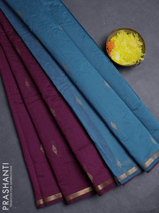 Semi maheswari cotton saree deep purple and blue with allover zari woven buttas and small zari woven border