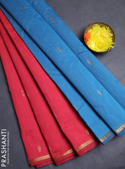Semi maheswari cotton saree pink shade and blue with allover zari woven buttas and small zari woven border