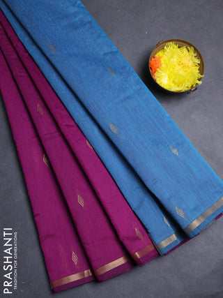 Semi maheswari cotton saree magenta pink and blue with allover zari woven buttas and small zari woven border