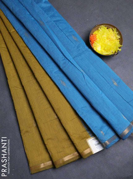 Semi maheswari cotton saree mehendi green and blue with allover zari woven buttas and small zari woven border