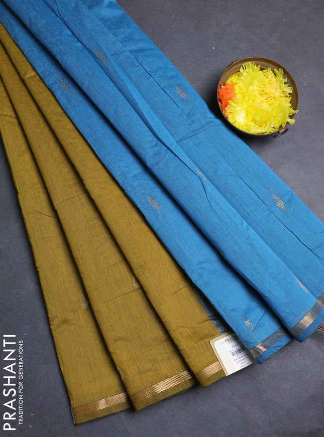 Semi maheswari cotton saree mehendi green and blue with allover zari woven buttas and small zari woven border