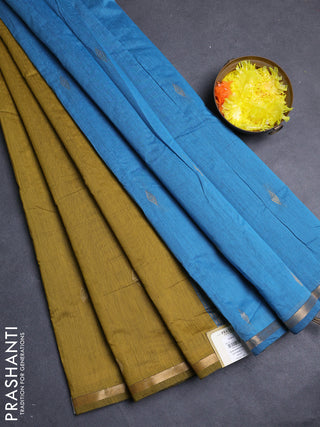 Semi maheswari cotton saree mehendi green and blue with allover zari woven buttas and small zari woven border