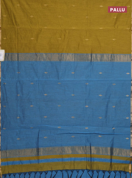 Semi maheswari cotton saree mehendi green and blue with allover zari woven buttas and small zari woven border