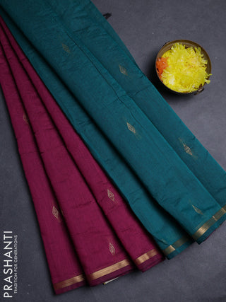 Semi maheswari cotton saree magenta pink and peacock green with allover zari woven buttas and small zari woven border