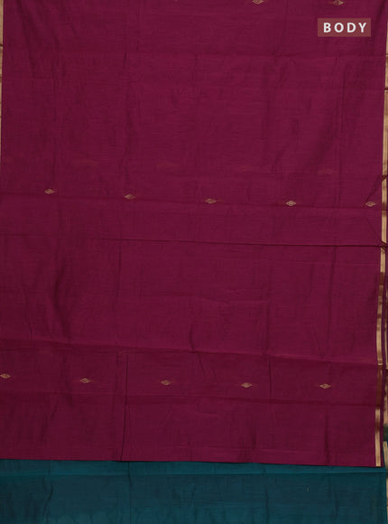 Semi maheswari cotton saree magenta pink and peacock green with allover zari woven buttas and small zari woven border