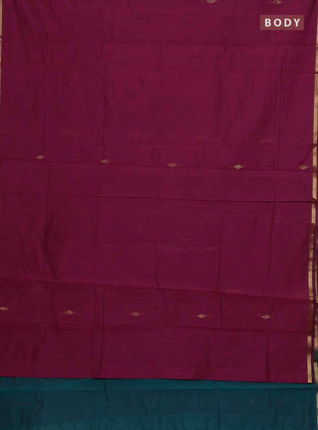 Semi maheswari cotton saree magenta pink and peacock green with allover zari woven buttas and small zari woven border
