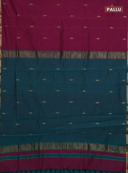 Semi maheswari cotton saree magenta pink and peacock green with allover zari woven buttas and small zari woven border
