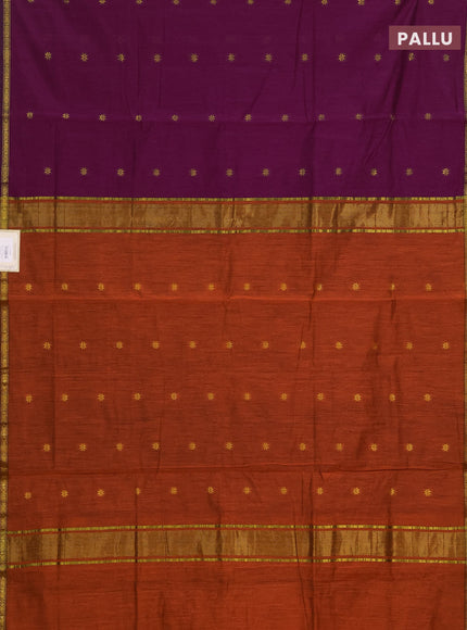 Semi maheswari cotton saree magenta pink and orange with allover zari woven buttas and small zari woven border