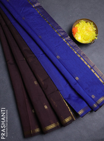 Semi maheswari cotton saree coffee brown and blue with allover zari woven buttas and small zari woven border