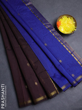 Semi maheswari cotton saree coffee brown and blue with allover zari woven buttas and small zari woven border
