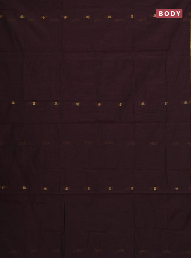 Semi maheswari cotton saree coffee brown and blue with allover zari woven buttas and small zari woven border