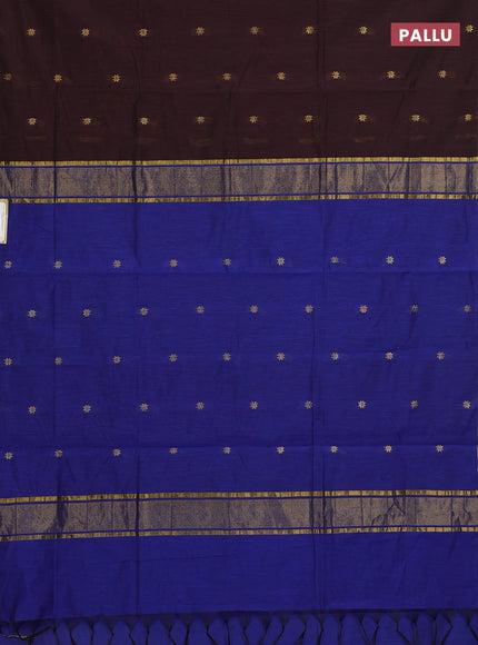 Semi maheswari cotton saree coffee brown and blue with allover zari woven buttas and small zari woven border