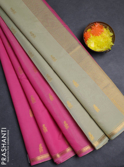 Semi maheswari cotton saree pink and pista green with allover zari woven buttas and small zari woven border