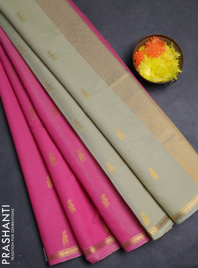 Semi maheswari cotton saree pink and pista green with allover zari woven buttas and small zari woven border