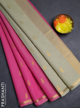 Semi maheswari cotton saree pink and pista green with allover zari woven buttas and small zari woven border