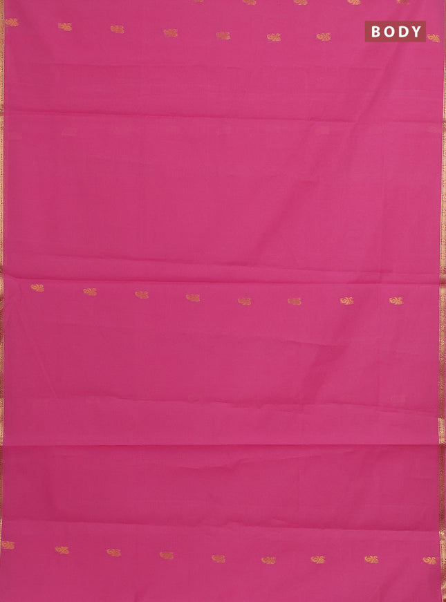 Semi maheswari cotton saree pink and pista green with allover zari woven buttas and small zari woven border