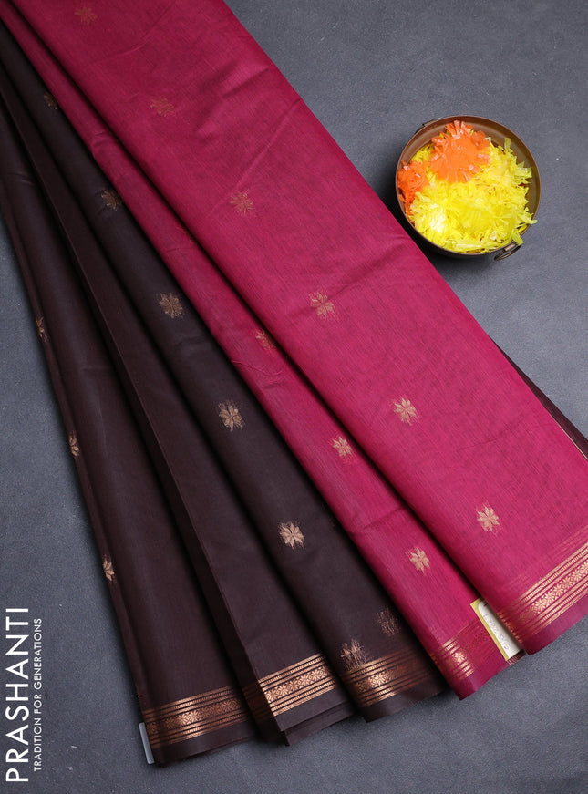 Semi maheswari cotton saree coffee brown and magenta pink with allover copper zari woven buttas and copper zari woven border